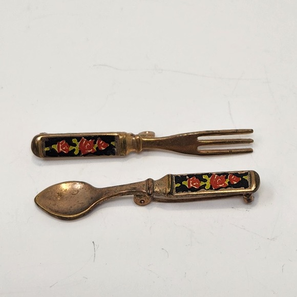 Spoon Fork Floral Enamel Handles Brooch Pin Set Vintage Costume Jewelry - Picture 1 of 7